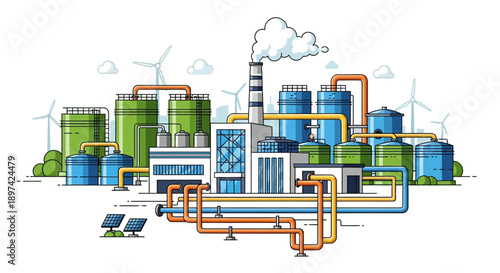 Sustainable energy production with a modern industrial complex featuring solar panels and wind turbines