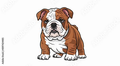 A cartoon illustration of a brown and white bulldog puppy sitting