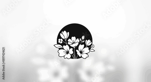 Black circular silhouette with delicate white flowers and leaves blooming outwards