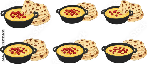 Six instances of a rustic pot filled with melted cheese dip topped with red pieces, beside stacks of flatbread