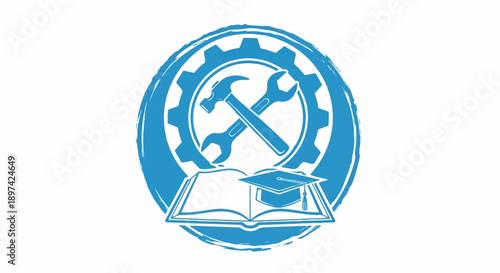 Blue emblem with tools, gear, book, and graduation cap
