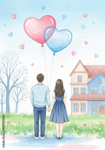A sweet watercolor illustration of a couple holding hands and looking at houses with heart-shaped balloons for Valentines Day