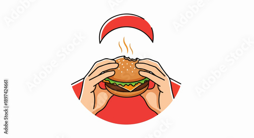 Hands holding a delicious, steamy burger with a bite taken out of it