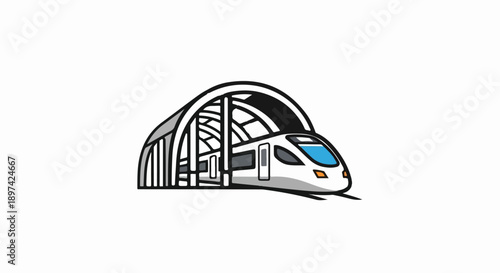 Modern high-speed train depicted entering a sleek, arched railway station