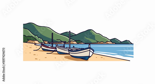 Three fishing boats rest on a sandy beach with green hills and blue water in the background