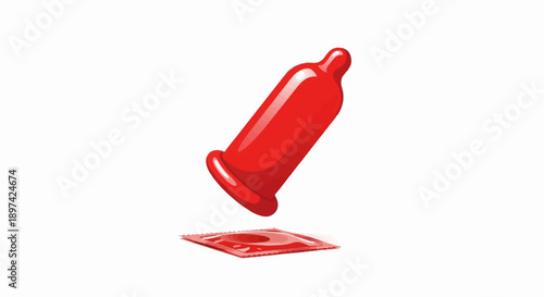 Red condom and its packaging floating on a white background