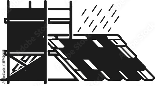 Construction scaffolding under a rain shower