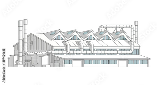 Industrial factory building with multiple ventilation systems and large windows, representing manufacturing and production processes