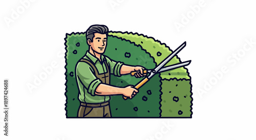 A person in green overalls trims a dense green hedge with large shears