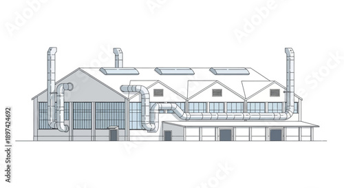 Exterior view of a modern industrial building with large windows and a pitched roof, featuring ventilation pipes and loading docks for commercial operations