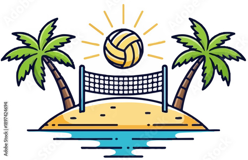 Tropical island with volleyball net, palms, sun, and ocean water