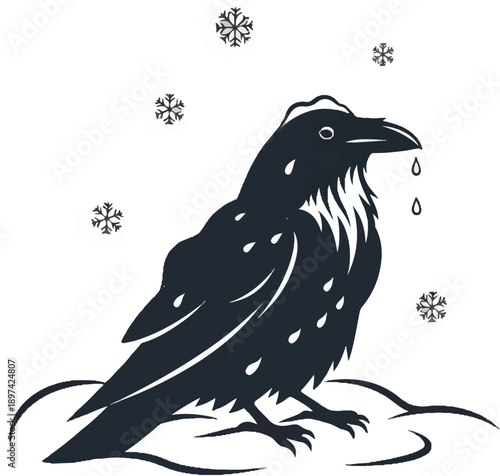 A dark bird sits in the snow, with snowflakes falling around it