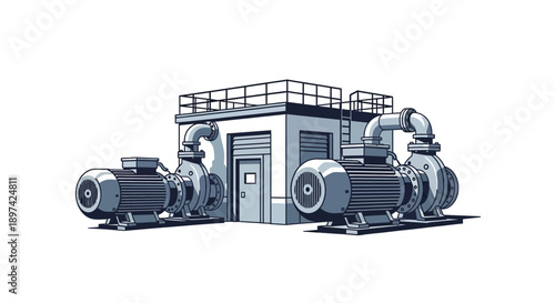 Illustration of industrial water pumps and related machinery with a building structure in the background