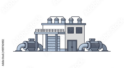 Industrial factory building with large pumps on each side, illustrating manufacturing and production processes