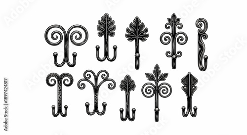 Collection of decorative, vintage-style metal hooks in various ornate designs