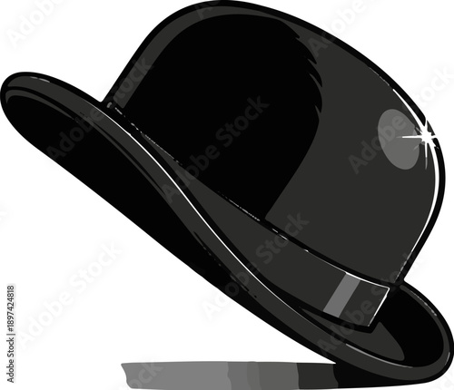 A classic black bowler hat with a shiny band and a subtle shadow
