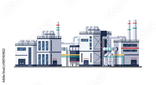 Modern industrial complex with multiple chimneys and buildings, representing manufacturing and production