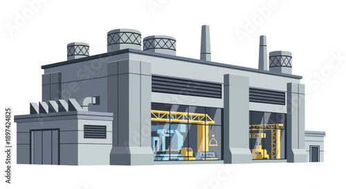 Modern Industrial Manufacturing Facility with Large Windows Showcasing Machinery and Production Equipment
