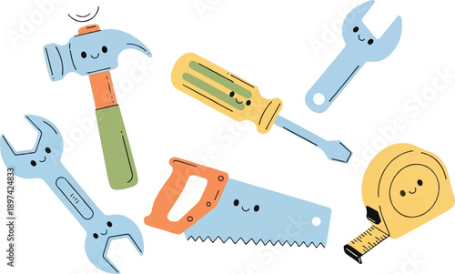 Adorable collection of cartoon hand tools with smiling faces