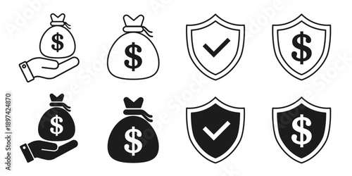 Financial security icon set featuring a money bag in a hand, checkmark shield for financial protection, dollar icon on shield