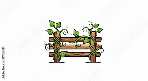 Cartoon wooden fence entwined with green vines and leaves