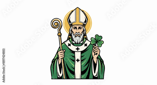 Saint holding shamrock and staff, wearing bishop's attire with halo