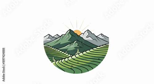 Green terraced hills rise towards a sunlit mountain range