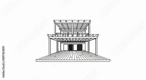 Minimalist two-story building with open ground level and wooden floors