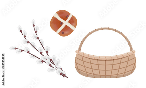 Easter set isolated on a white or transparent background. Vector illustration. Easter bun, pussy willow branches, and a wicker basket. Close-up elements for holiday design decoration.