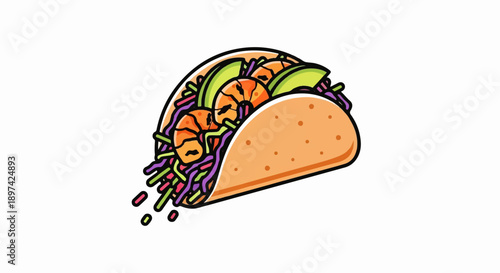 A vibrant illustration of a delicious taco filled with shrimp, avocado, and colorful shredded vegetables