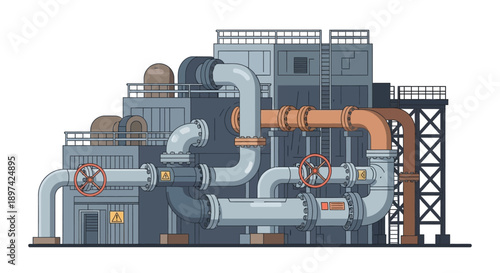 Industrial pipeline system with complex network of pipes, valves, and machinery in a factory setting