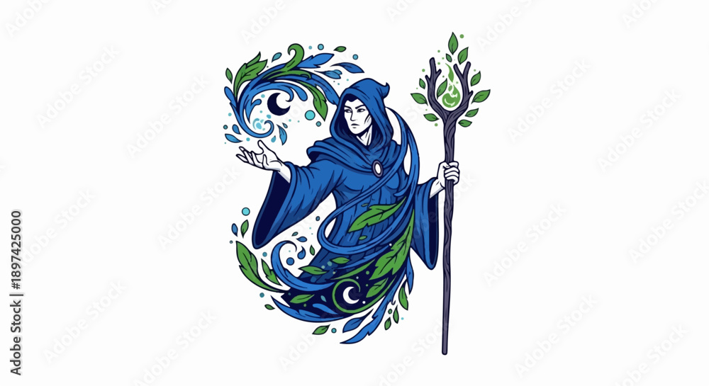Fototapeta premium Mystical figure in blue robe conjures nature with staff