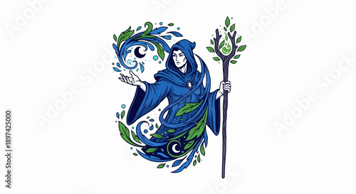 Mystical figure in blue robe conjures nature with staff