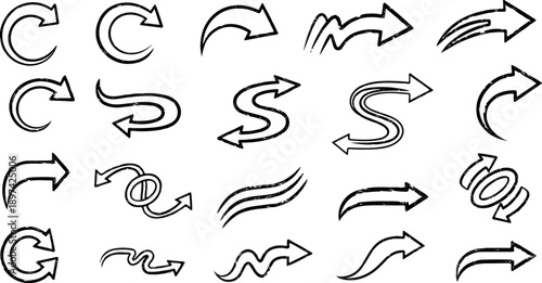 Collection of twenty hand-drawn arrow icons with a grunge texture, varying in shape and direction