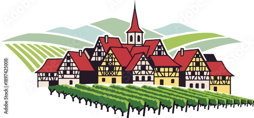 Picturesque village with vineyards and rolling hills in background