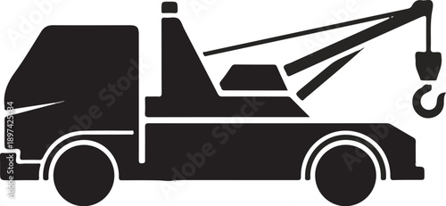 Black silhouette of a tow truck with a raised crane and hook, ready to assist