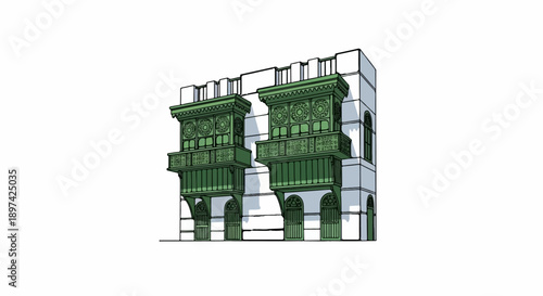 A stylized illustration of a white building with green decorative balconies and arched doorways