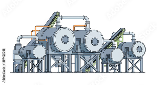 Industrial plant with large cylindrical tanks, pipes, and conveyor belts - a detailed illustration of a manufacturing facility