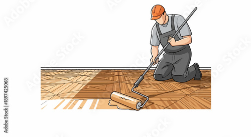 Person in work clothes applies finish to parquet floor with roller