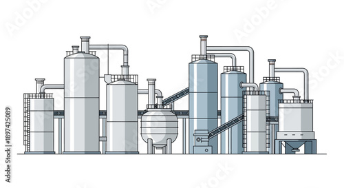 Industrial complex with large storage tanks and pipes in a row, representing a factory or refinery