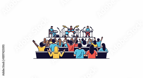 A band performs on stage before an excited crowd with hands raised