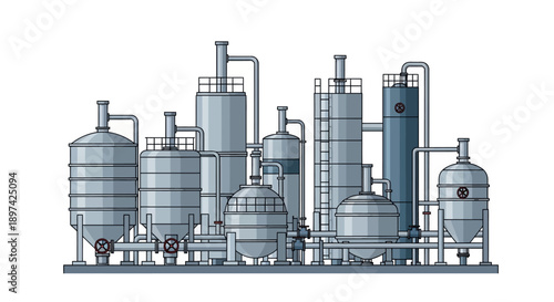 Industrial chemical plant with large storage tanks and processing equipment, representing manufacturing and production