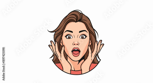 Woman with wide eyes and open mouth, hands on cheeks, expressing shock