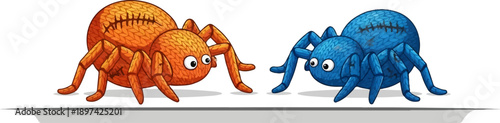 Two colorful cartoon spiders, orange and blue, face each other with large eyes