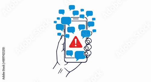 Hand holding a smartphone displaying many chat bubbles and a red warning sign
