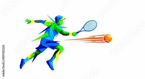 Stylized tennis player in dynamic motion, hitting an orange ball with trailing motion lines