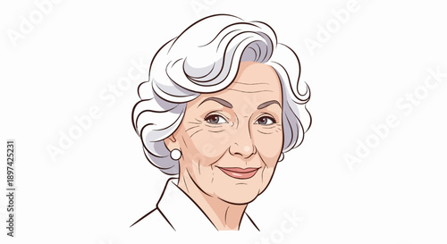 A stylized portrait of an elegant elderly woman with white curly hair and a gentle smile