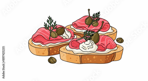 Three slices of bread topped with cream cheese, sliced salmon, capers, and dill sprigs