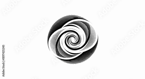 A monochrome, circular, swirling vortex design with layered strokes forming an optical illusion