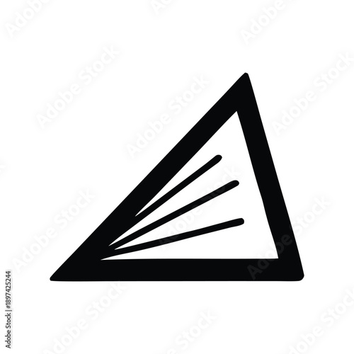 A black triangle with parallel lines converging within its shape, on a white background